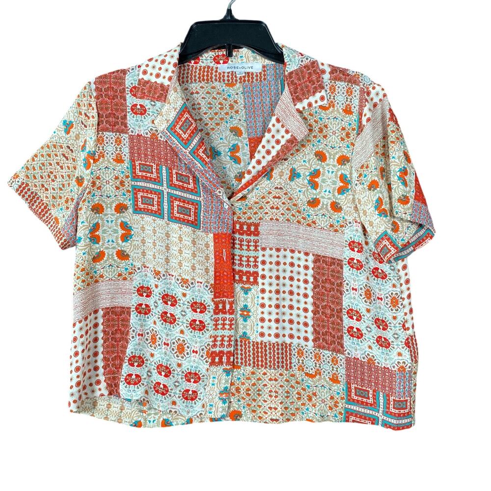 Rose & Olive Womens Shirt Multicolored Geometric Button Down Crop Small